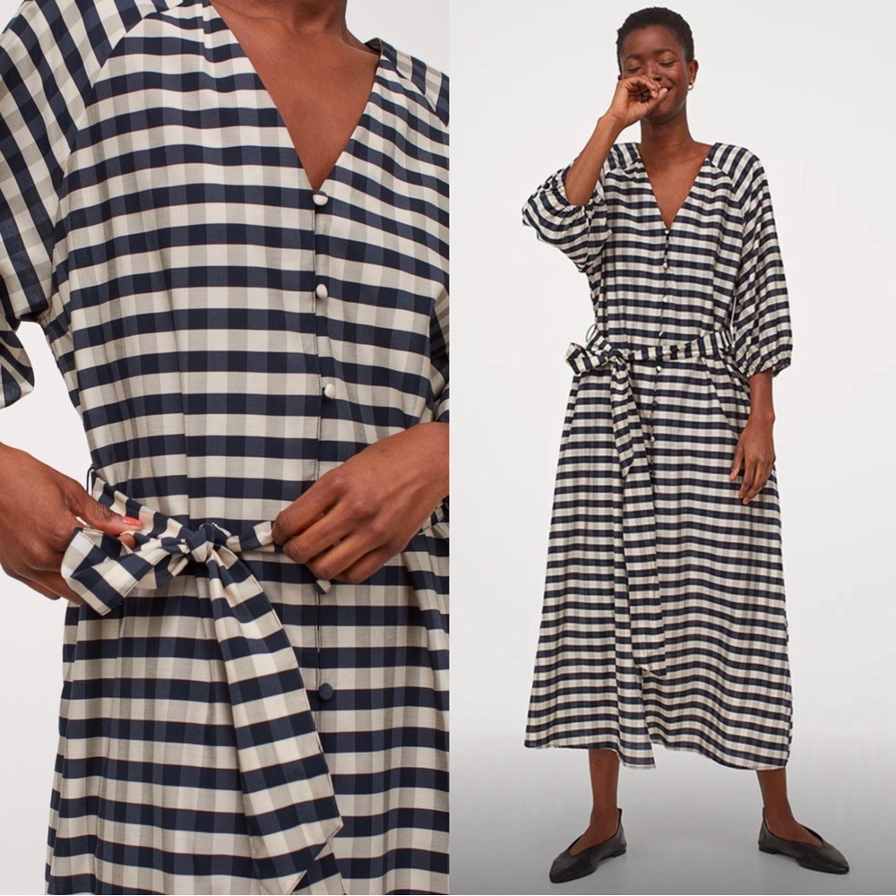 H&M Gingham Check Tie Belt Midi Dress Women’s Size Small